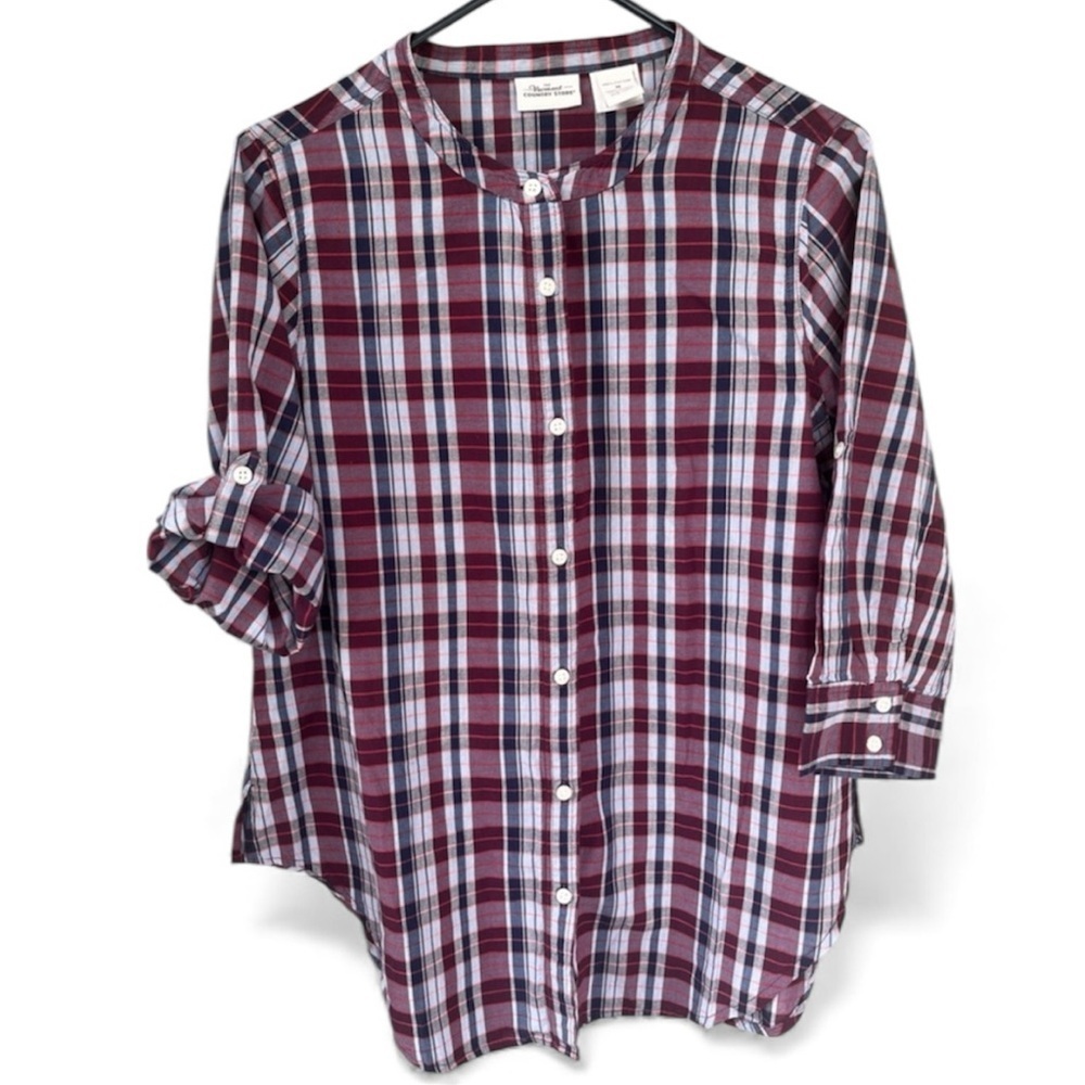 Vermont Country Store Plaid Button-Up Shirt 3/4 Sleeve 100% Cotton Ladies Sz M